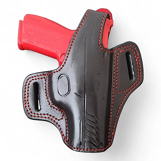 DERİ DIŞ SİLAH KILIFI (Spor Kırmızı Dikişli İçi Kırmızı Kadife Kaplama)